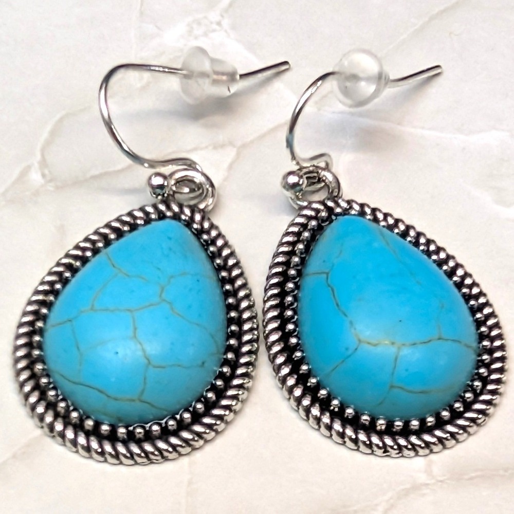 New Drop Earrings Faux Turquoise Teardrop Silver Tone Western Cowgirl Western